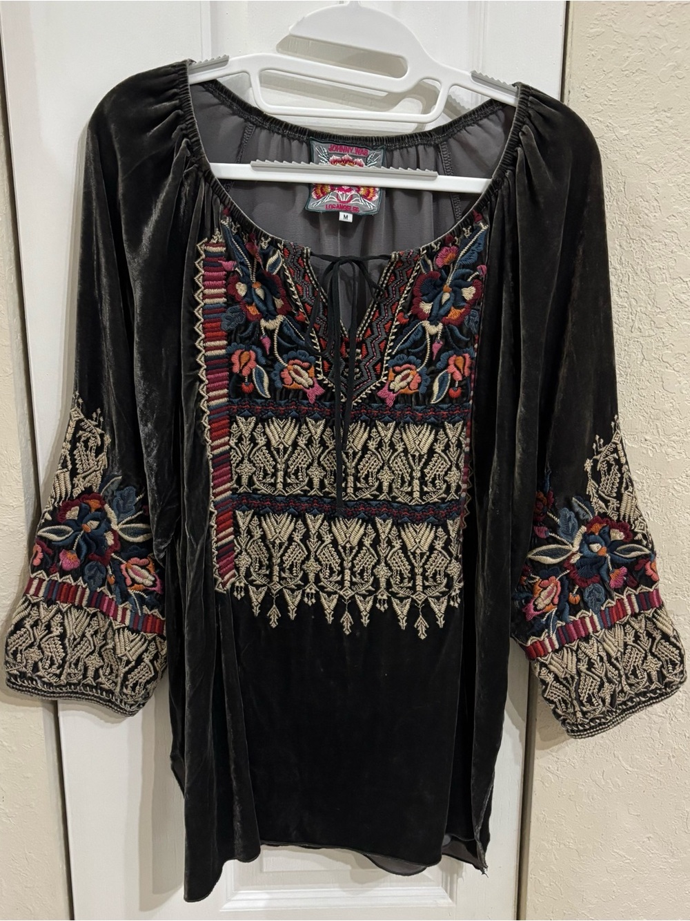 Johnny Was Velvet Embroidered Peasant Top Charcoal Grey Size M